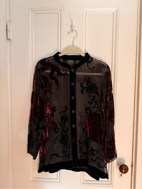 Citron Santa Monica Silk Velvet Burnout Blouse XL Dragon Mandarin 70% Silk